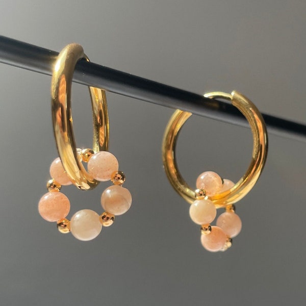 Sunstone earrings TYRELL with 18k gold plated details, earring pairs, flowery, hoop earrings, handmade