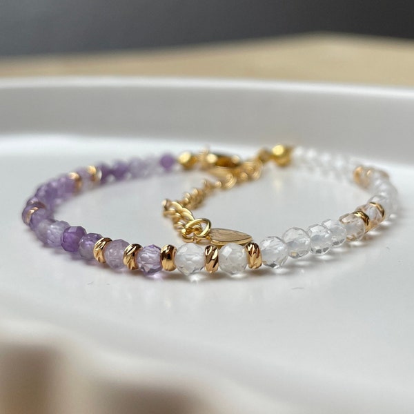 Amethyst/Bergkristall Armband BALANCE mit natürlichen facettierten Perlen, 18k Gold plattierte Spacer-Perlen, 17-20cm lang, Handgefertigt