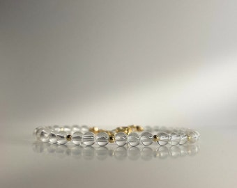 Rock crystal bracelet COSMIC with round beads, 18k gold plated spacer beads, 14-17 cm long, handmade