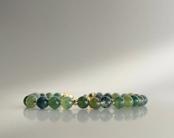 Moss agate bracelet COSMIC with natural round beads, 18k gold plating or silver, 14-17 cm long, handmade