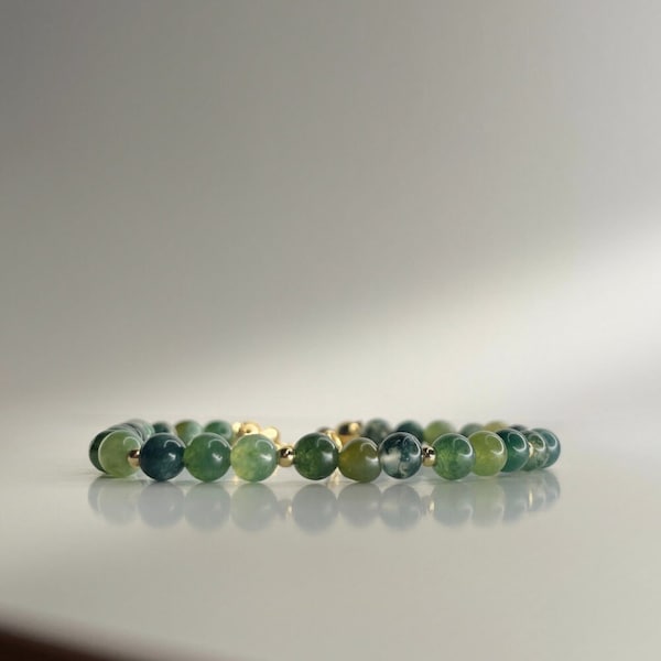 Moss agate bracelet COSMIC with natural round beads, 18k gold plating or silver, 14-17 cm long, handmade