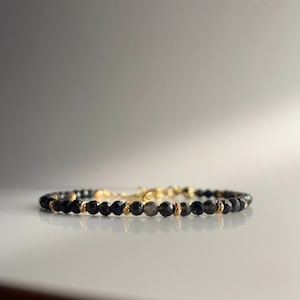 Obsidiaan armband ROYAL met fonkelende facetkralen, 18k verguld, 15-20 cm, handgemaakt