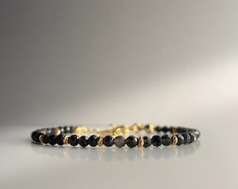 Pulsera ROYAL de obsidiana con cuentas facetadas brillantes, chapada en oro de 18k, 15-20 cm, hecha a mano.