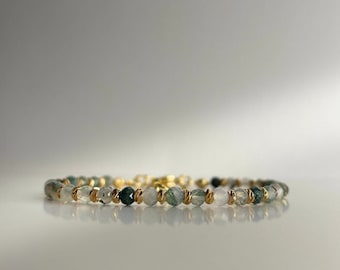 Moosachat Armband EMPYREAL - Natürliche facettierte Perlen, 18k Gold/Silber plattierte Spacer, 14-17cm, Handgefertigt