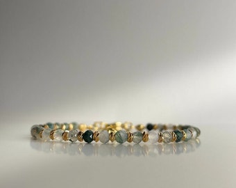Moss Agate Bracelet EMPYREAL - Natural faceted beads, 18k gold/platinum plated spacers, 15-20 cm, Handmade