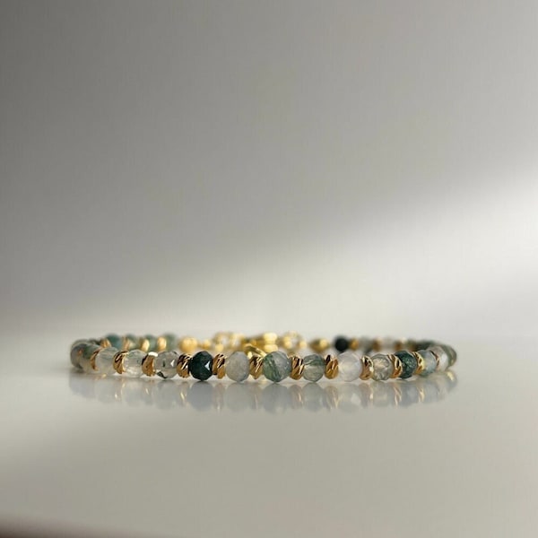 Moosachat Armband EMPYREAL - Natürliche facettierte Perlen, 18k Gold/Silber plattierte Spacer, 14-17cm, Handgefertigt