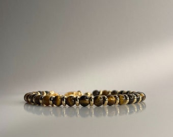 Tiger Eye Bracelet RADIANT with Natural Round Beads, 18k Gold Plated Disc Spacer Beads, 14-17cm Long, Handmade