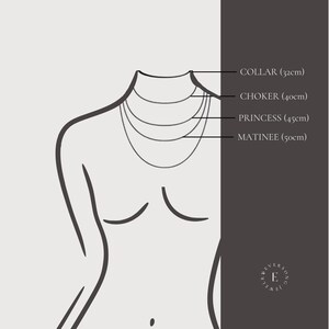 Puede incluir: Ilustraci&oacute;n estilizada que muestra diferentes longitudes de collares. La imagen presenta cuatro estilos: cuello (32cm), gargantilla (40cm), princesa (45cm) y matin&eacute; (50cm). Tambi&eacute;n se incluye el logotipo de la marca.