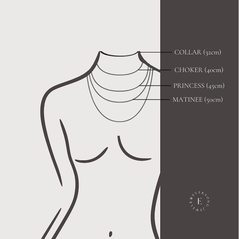 Puede incluir: Ilustraci&oacute;n estilizada que muestra diferentes longitudes de collares. La imagen presenta cuatro estilos: cuello (32cm), gargantilla (40cm), princesa (45cm) y matin&eacute; (50cm). Tambi&eacute;n se incluye el logotipo de la marca.