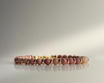 Rhodonite bracelet RADIANT with natural round beads, 18k gold plated disc spacer beads, 14-17 cm long, handmade