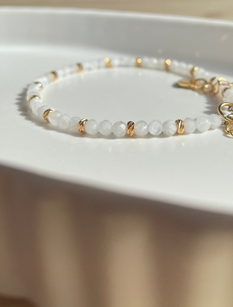 ROYAL moonstone bracelet with faceted beads, 18k gold plated spacer beads, 17-20 cm long, handmade image 1