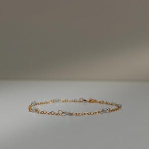 Può includere: Braccialetto dorato con piccole perline azzurro pallido. Il braccialetto è composto da una catena sottile con chiusura a moschettone. Le perline sono uniformemente distanziate lungo la catena, creando un design minimalista ed elegante.