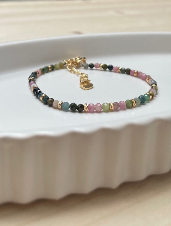 Turmalin Armband ROYAL mit natürlichen facettierten Perlen, 18k Gold plattierte Spacer-Perlen, 14-17cm lang, Handgefertigt
