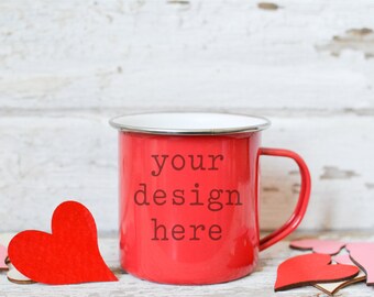 Camping Mug Mockup | Valentine's Day Coffee Mug Mockup | Stock Photo | Add Your SVG Sublimation Design Mockup | Enamel Camping Mug Add SVG