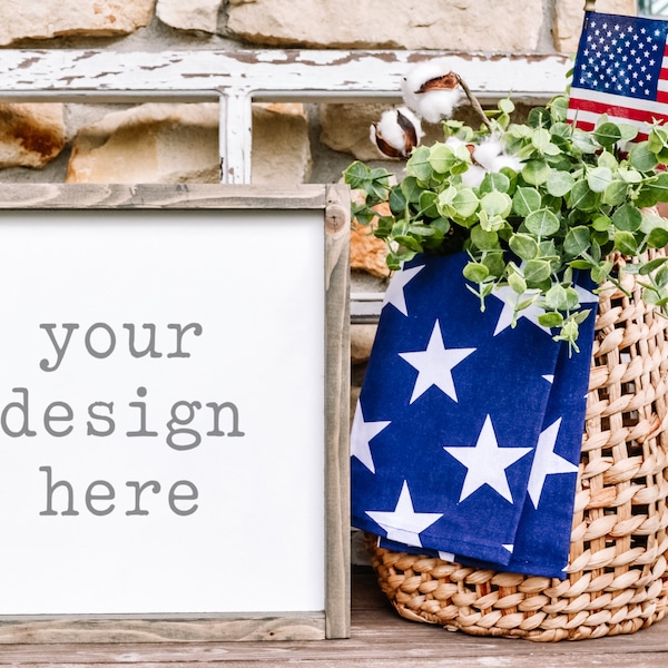 Patriotic Wood Sign Mockup | 12x12 Sign Mockup | Flat Lay | Stock Photo | Add Your Design | Unfinished Wood Sign Mockup | Sublimation SVG