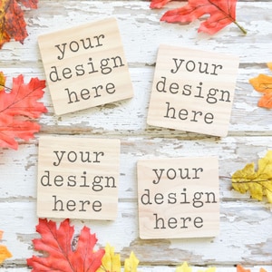 Fall Autumn Coasters Set Mockup | Unfinished Square Coaster Set Mockup | Coaster Mockup | Add SVG Design Coaster Mockup | Sublimation Blank