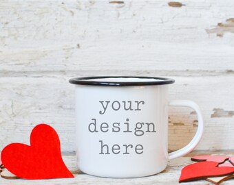 Camping Mug Mockup | Valentine's Day Coffee Mug Mockup | Stock Photo | Add Your SVG Sublimation Design Mockup | Enamel Camping Mug Add SVG