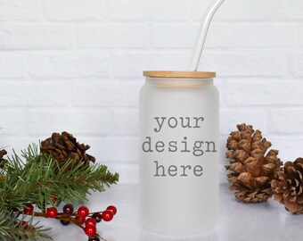 Frosted Glass Beer Can Christmas Holiday Mockup | Glass Cup Mockup | Libbey Mockup | Stock Photo Add Design | Add Sublimation SVG Clipart