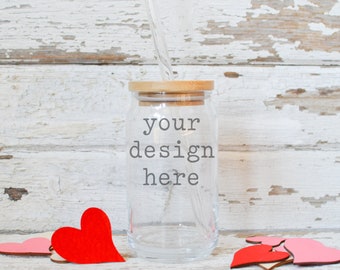 Valentine's Day Glass Beer Can Mockup | Libbey Glass Can Style Mockup | Valentine's Day Mockup | Stock Photo | Add SVG Sublimation Clipart
