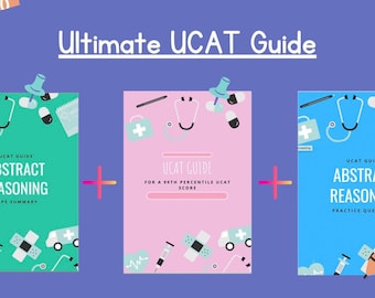 May include: Three colourful guides for the UCAT exam. The green guide is titled "UCAT Guide Abstract Reasoning Type Summary". The pink guide is titled "UCAT Guide For a 99th Percentile UCAT Score". The blue guide is titled "UCAT Guide Abstract Reasoning Practice Questions".
