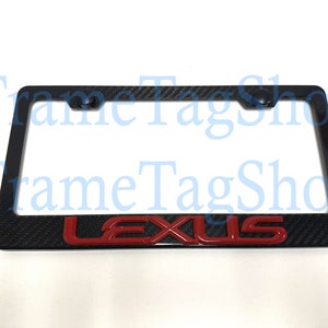 1x Red Lexus 3D Emblem Badge Real 3K TwillWeave Real Carbon Fiber License Plate Frame