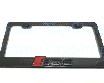1x Black/Red SQ5 Sport 3D Emblem Badge Real 3K TwillWeave Real Carbon Fiber License Plate Frame Sportline SQ5