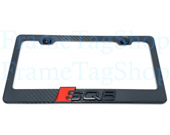 1x Black/Red SQ8 Sport 3D Emblem Badge Real 3K TwillWeave Real Carbon Fiber License Plate Frame Sportline SQ8