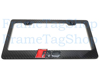 1x Black/Red RS (Racing Sport) 3D Emblem Badge Real 3K TwillWeave Real Carbon Fiber License Plate Frame Black Trim Renn Sport