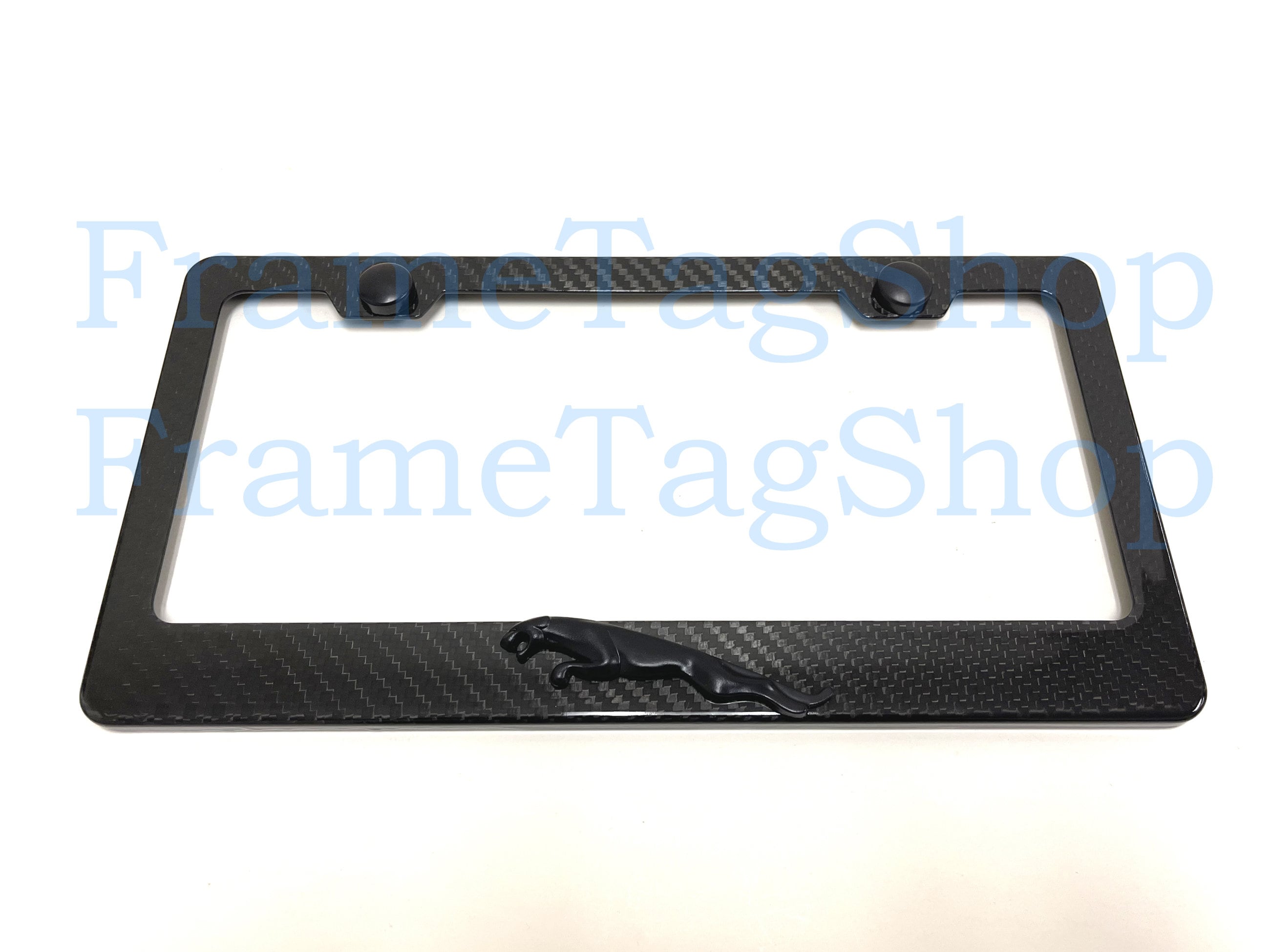 1x Black Jaguar Leaper Logo 3D Emblem Badge Real 3K TwillWeave Real Carbon Fiber License Plate Frame Black Trim