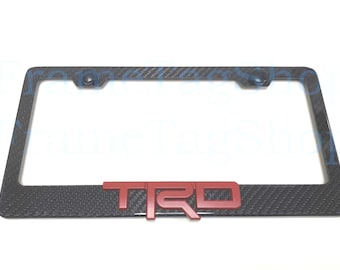 1x Red TRD 3D Emblem Badge Real 3K TwillWeave Real Carbon Fiber License Plate Frame