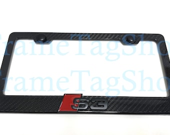 1x Black/Red S3 Sport 3D Emblem Badge Real 3K TwillWeave Real Carbon Fiber License Plate Frame Audisport Sportline S3