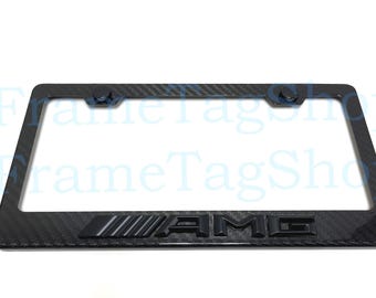 1x Black AMG 3D Emblem Badge Real 3K TwillWeave Real Carbon Fiber License Plate Frame Black Trim Night Edition (New)