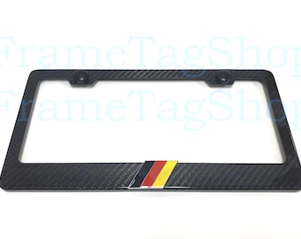 1x German Flag Tri Color Stripe 3D Emblem Real 3K TwillWeave Real Carbon Fiber License Plate Frame Germany