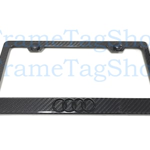 1x Black 4 Ring 3D Emblem Badge Real 3K TwillWeave Real Carbon Fiber License Plate Frame Black Trim