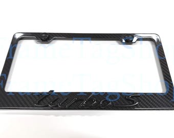1x Black Turbo S 3D Emblem Badge Real 3K TwillWeave Real Carbon Fiber License Plate Frame Black Trim