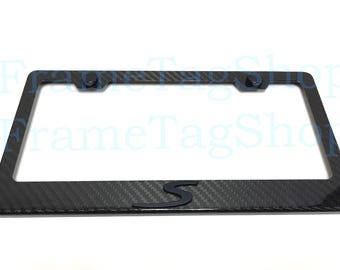 3D Black "S" 3D Emblem Badge Real 3K TwillWeave Real Carbon Fiber License Plate Frame For 911 Cayenne Macan Panamera Taycan Boxster Cayman