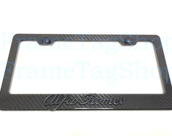 1x Black Alfa Romeo 3D Emblem Badge Real 3K TwillWeave Real Carbon Fiber License Plate Frame Black Trim Edition 4C Giulia Stelvio