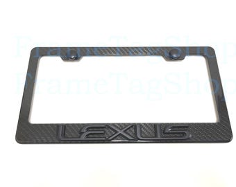 1x Black Lexus 3D Emblem Badge Real 3K TwillWeave Real Carbon Fiber License Plate Frame Black Trim