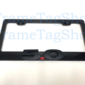 1x Black &quot;5.0&quot; 3D Emblem Badge Real 3K TwillWeave Real Carbon Fiber License Plate Frame For MustangGT V8