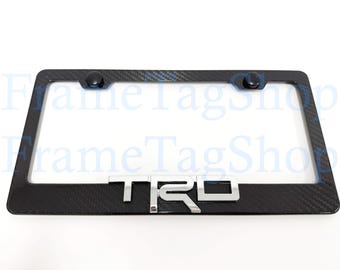 1x Chrome TRD 3D Emblem Badge Real 3K TwillWeave Real Carbon Fiber License Plate Frame