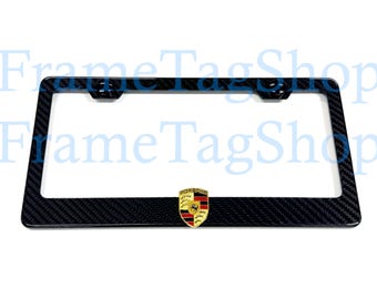 1x 3D German Sports Car Crest Emblem Badge Real 3K TwillWeave Real Carbon Fiber License Plate Frame