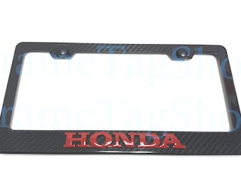 1x RedHonda 3D Emblem Badge Real 3K TwillWeave Real Carbon Fiber License Plate Frame