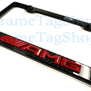 1x Red AMG 3D Emblem Badge Real 3K TwillWeave Real Carbon Fiber License Plate Frame Tag Holder