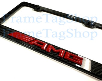 1x Red AMG 3D Emblem Badge Real 3K TwillWeave Real Carbon Fiber License Plate Frame Tag Holder