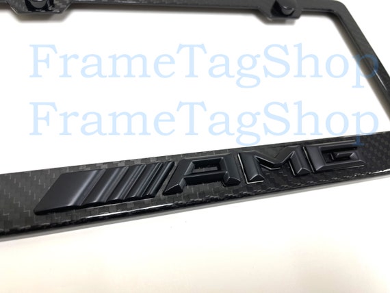 1x Black AMG 3D Emblem Badge Real 3K TwillWeave Real Carbon Fiber License Plate Frame Black Trim Night Edition New