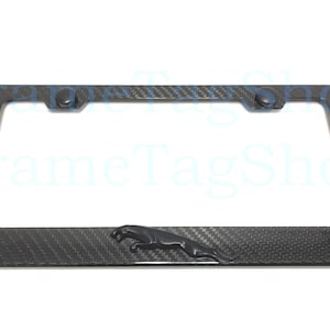 1x Black JaguarLeaper Logo 3D Emblem Badge Real 3K TwillWeave Real Carbon Fiber License Plate Frame Black Trim