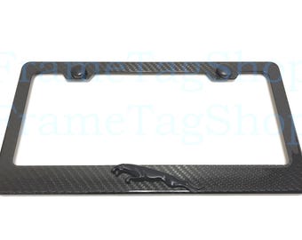 1x Black JaguarLeaper Logo 3D Emblem Badge Real 3K TwillWeave Real Carbon Fiber License Plate Frame Black Trim