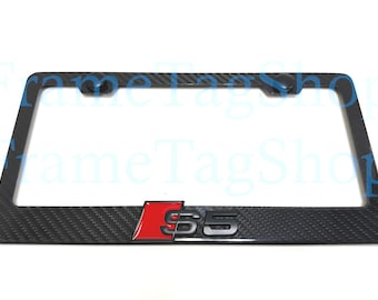 1x Black/Red S5 Sport 3D Emblem Badge Real 3K TwillWeave Real Carbon Fiber License Plate Frame Sportline S5