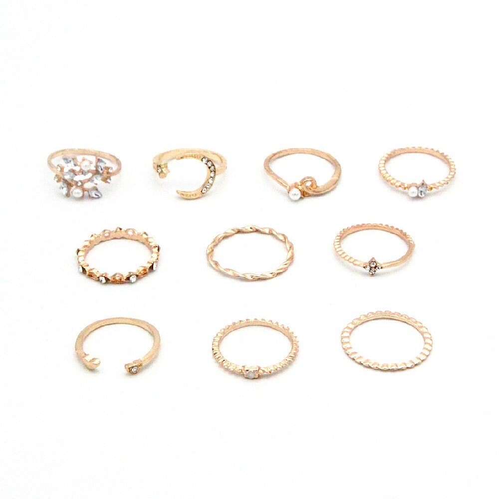 10 Piece Moon Star Gold Ring Set Pearl Leaf Ring Moon Ring - Etsy