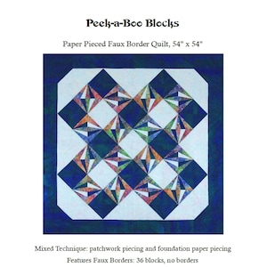 May include: A quilt pattern featuring a geometric design with blue, green, orange, and pink triangles. The quilt is 54 inches by 54 inches. The pattern is called "Peek-a-Boo Blocks" and is designed by Paula Gilmore.